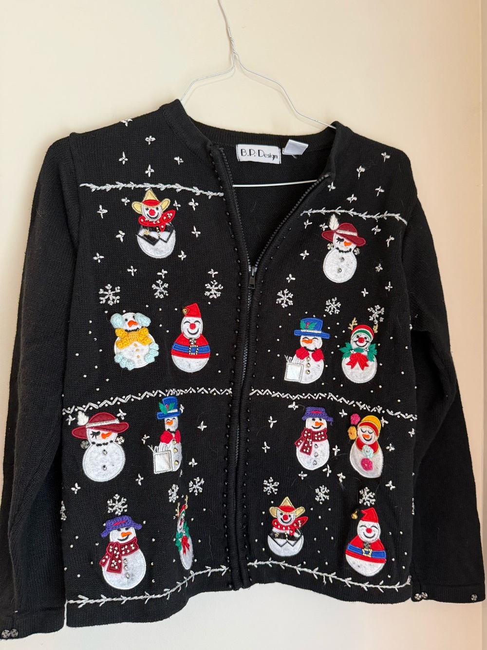 Vintage B.P. Designs Embellished Christmas Snowman Novelty Sweater Zipper Jacket